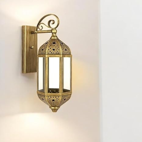 GreyWings, Moroccan Style Antique Brass Wall Lantern with Lustre Glass Panels, Iron Wall Light with E27 Holder (Bulb Not Included), Pack of 1-image-15