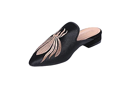 Image of Fericzot Women's Velvet Backless Pointed Toe Slip On Loafers Flats Embroidery Mule Slippers Shoes