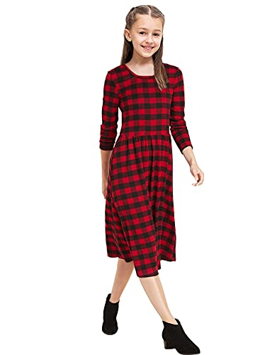 KYMIDY Girls Buffalo Check Plaid Dress Kids Long Sleeve Casual Midi Dresses with Pockets for Girls 6-14 Years2