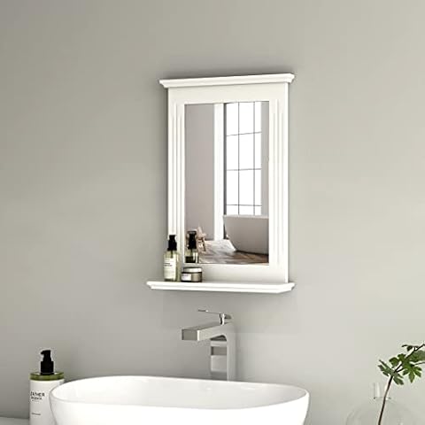Heilmetz White Mirror for Walls, 400x600mm Wooden Frame Wall-Mounted Bathroom Mirror with Shelf, Rectangle Wall Hanging Vanity Mirror for Bathroom Bedroom Dressing Room Entryway Decor Cover