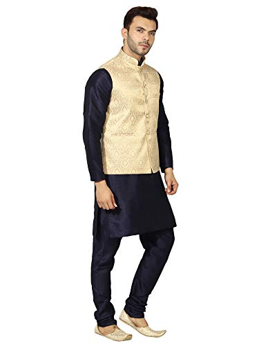 Image of Uri and MacKenzie Men's Silk Blend Regular Kurta Churidar Pyjama with Bundi Nehru Jacket /Waistcoat