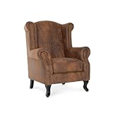 Fireside Chair Union Jack Flag Chesterfield Wingback – Stunning Brown Faux Leather Armchair with High Back, Queen Anne Design & Microsuede Finish – Elegant Wingback Armchair for Living Room, Bedroom