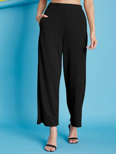 Image of Selvia Women's Solid Ribbed Lycra Elastic Regular Fit Wide-Leg Trouser