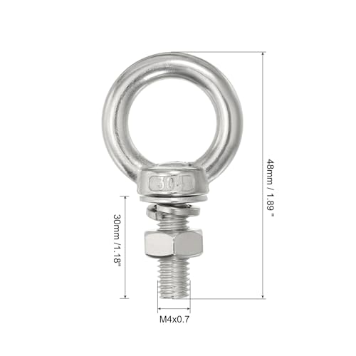Image of uxcell M4x30 3 /16 inchx1.18 inch Stainless Steel Eye Bolts Threaded Screw Eyebolt Shoulder Ring with Nuts Washers for Lifting Hanging, 4 Set