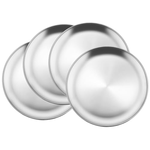 4-Piece 18/8 Stainless Steel Plates, Metal 304 Dinner Dishes, 9 Inch Feeding Serving Camping Plates, Reusable Dinnerware, Shatterproof & Non-Toxic, Dishwasher Safe