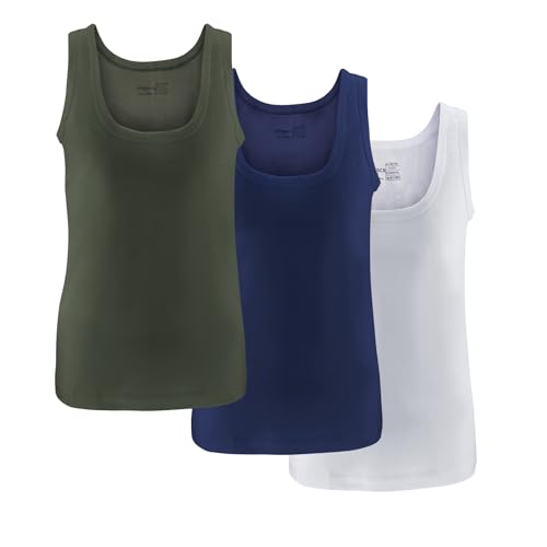 UNDEREA Pack of 3 Boys' Tank Top Classic Vests - Combed Fine Rib 100% Cotton, Dark Navy, White, Khaki, 13-15 Years