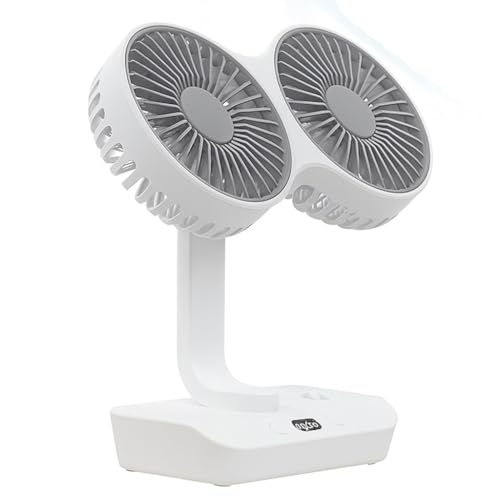 Fan; Çift Başlı Taşınabilir USB Şarjlı, LED Gece Lambası ve 5000 mAh Pil ile Uzun Çalışma Süresi, Ayarlanabilir Hız ve 270° Dönebilir Kafalar, Ev, Ofis, Kamp (CZ-01X, Beyaz)