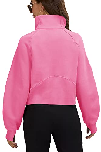 Womens Sweatshirts Half Zipper Crop Pullover Funnel Neck Fleece Lined Zip Up Long Sleeve Tops Thumb Hole Pink #TOP1