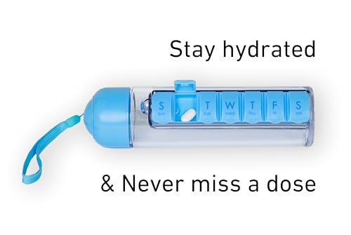 Water Bottle and Pill Organizer - 400ml Travel Water Bottle with 7 Day Weekly Pill Case - Medicine Planner Vitamin Holder with Free Cleaning Brush. Perfect for Sports and Travel (Blue) — view 2