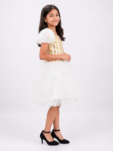 Image of BookMyCostume White & Golden Sequin Western Dance Costume for Girls | Stylish Top with Frill Sleeves & White Fluffy Skirt | Annual Western Dance Costume for Kids | 10-12 Years