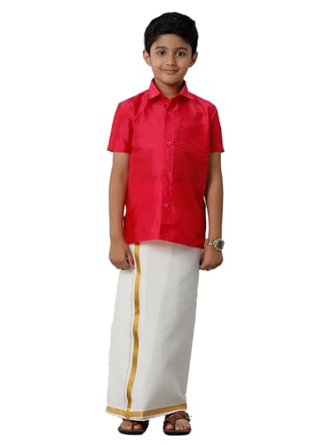 Image of RAMRAJ COTTON Boys Silk Cotton Shirt With Adjustable Cream Dhoti Perfect For Ceremonies| Festivals| And Special Occasions