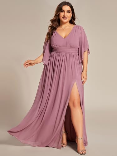 Ever-Pretty Plus Women's Plus Size V Neck Half Sleeves Slit A Line Floor Length Bridesmaid Dress 01886-DA4