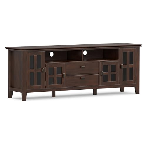 SIMPLIHOME Artisan TV Stand - 72 inch Wide Solid Wood Media Console in Russet Brown, Contemporary Entertainment Center for Living Room for TVs up to 80 Inches with Glass Cabinets and Cable Management