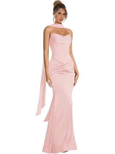 Satin Bridesmaid Dresses with Scarf Strapless Long Mermaid Formal Dress for Women