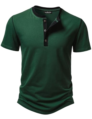 LucMatton Mens Short-Sleeve Henley Shirt Contrast Trim Button Placket Soft Smart Casual Tee for Daily Wear Forest Green Large