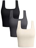 OQQ Women's 3 Piece Tank Shirt Ribbed Seamless Workout Exercise Yoga Crop, Black Darkgrey Beige, Small