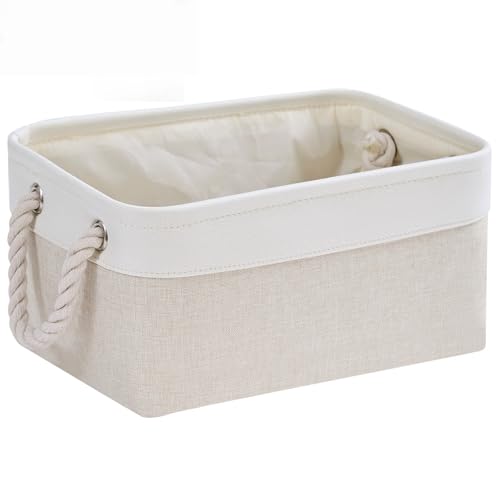 Mangata Aufbewahrungsbox Stoff,Klein Waschbare Aufbewahrungskorb, Korbe in Würfel für Schrank Regal und Kleidung(Hellbeige/Weiß, S, 1 Set)