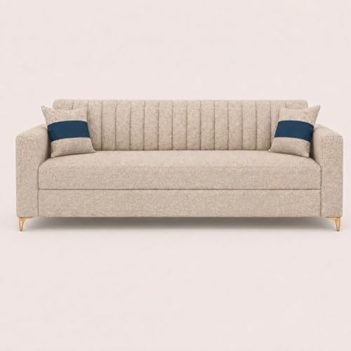 Image of FURNY Signature Regalia 3 Seater Sofa Set | Boucle Weave Fabric | 40D Foam + Zigzag Spring | 3-Yr Warranty (Sandstone Beige) | Modern Living Luxury Sofa Set for Home, Office & Hotel Spaces