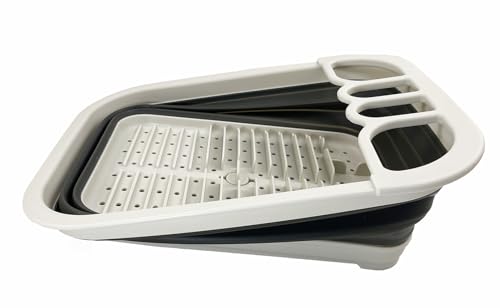 SAMMART Collapsible Plastic Dish Drainer with Drainer Board-Foldable Drying Rack Set-Portable Dinnerware Organizer-Space Saving Kitchen Storage Tray (Grey/Washed Black) - Image 2