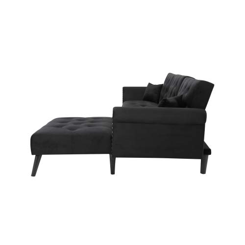 NOUVCOO Button Velvet Tufted Convertible Bed with 2 Pillows, Reversible Chaise, Sofa L Shape Sectional Couch Sleeper for Living Room Furniture Set, Black