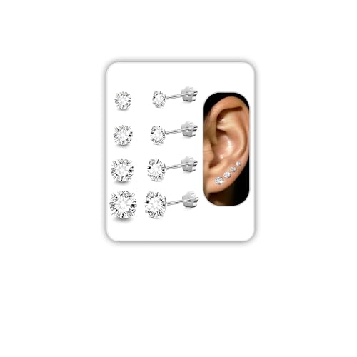 Hypoallergenic 316L Surgical Steel Silver Earrings Set: 4 Pairs 6 Pairs of Flat Back Studs & Hoops with Cubic Zirconia for Women, Various Sizes - Main Image