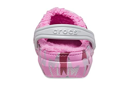 Image of Crocs Unisex-Child Classic Graphic Lined Clogs | Fuzzy Slippers, Taffy Pink /Multi, 6, Big Kid
