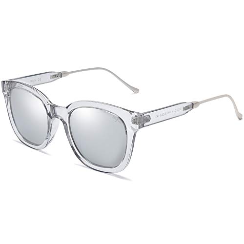 SOJOS Classic Square Polarized Sunglasses Womens Mens Retro Trendy Shades UV400 Sunnies SJ2050, Clear Grey/Silver