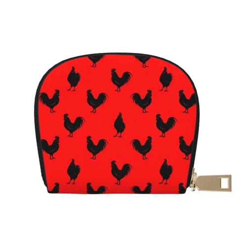 rooster chicken red black Leather Credit Card Holder Zipper Wallet With 12 Card Slots Small Leather Zipper Card Case Wallet