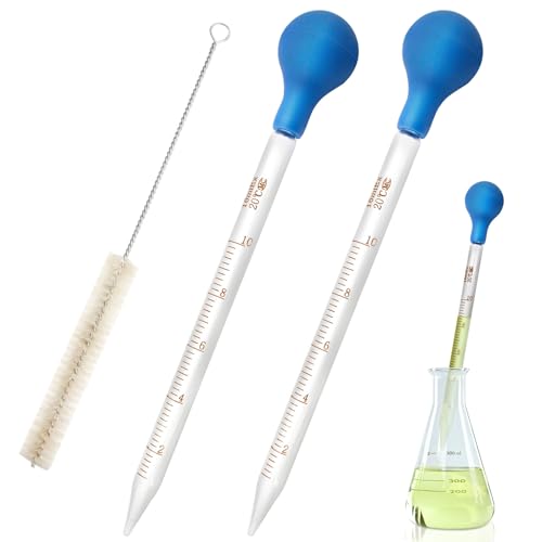 Glaspipette Pipette 10ml,2 Stück Glas Pipetten,Transfer Pipette,10ml Tropfpipette Flüssigkeiten Messpipette,Pipette Groß mit Gummi-pipettierball x 2 + Reinigungsbürste x 1