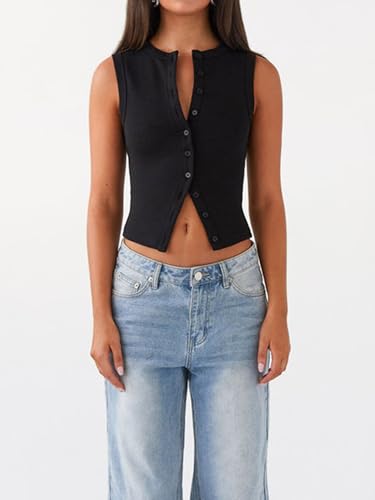 Springcmy Womens Button Down Tank Top Sleeveless Ribbed Fitted Vest Casual Trendy Y2K Going Out Crop Knit Vest Top Streetwear4