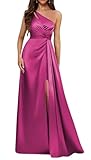 KIYNE Vestido de dama de honor de un hombro para mujer, plisado, sin mangas, de satén, formal, vestido de noche, fucsia, 58 Grande