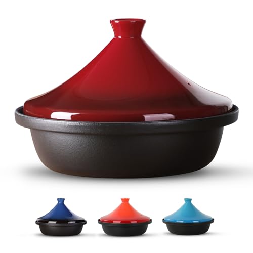 Moroccan Tagine for Cooking: Enameled Cast Iron Cooking Pot Slow Cooker Classic Kitchen Cookware Tajine with Ceramic Cone-Shaped Closed Lid 3.3 QT Red