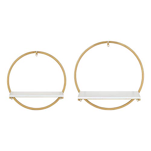 Kate And Laurel Wicks Modern Glam Floating Wall Shelf Set Of 2 | Round Gold Metal Frame With White Painted Solid Wood Shelf Boards #TOP5