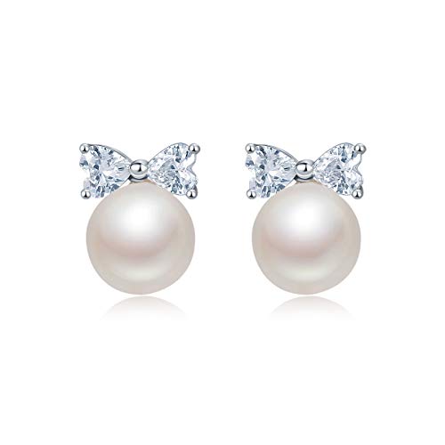 THj S925 Silver Needle Simple Cute Bow Pearl Hypoallergenic Earrings with Diamonds Exquisite Small Earrings