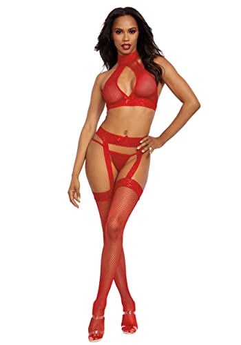 Bodystocking Dreamgirl rouge en taille unique avec cet ensemble de lingerie 3 pièces pour femme