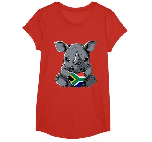 South Africa Flag Cute Rhino Heart South African Pride T-Shirt, Girls, Red, X-Small
