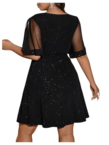 Floerns Women's Plus Size Contrast Mesh Half Flounce Sleeve V Neck Glitter Flared Hem A Line Dress2
