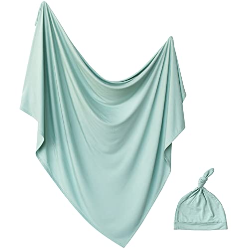 Image of Aijoviko Newborn Swaddle Blanket with Hat Set Baby Swaddle Set Hospital Receiving Blankets for Girls Boys(Sage,45"*45")