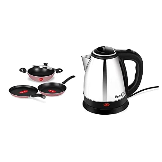 Pigeon by Stovekraft Basics Aluminium Non-Stick Cookware Set, Set of 3 (with one lid), Pink & Shiny Steel 1.5-Litre Electric Kettle (Black) Combo