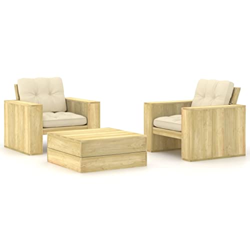 Set muebles de jardín, Banco Jardin Exterior Sillones Jardin Exterior Conjunto Jardin Muebles De Jardin Adecuado para Sala De Estar Patio Jardín Piscina, y cojines 3 pzas madera pino impregnada