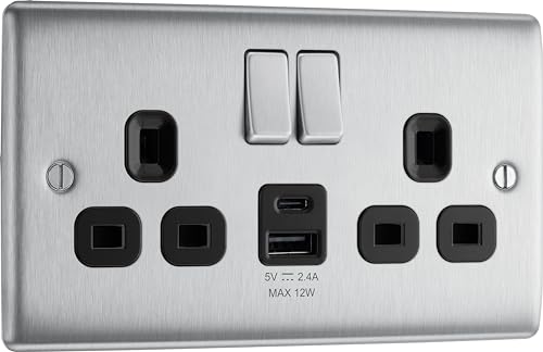 BG Electrical 12W Double Switched Power Wall Plug Socket with Type A and Type C USB Charging Ports Nexus Metal Brushed Steel Black Inserts 13A NBS22UAC12B
