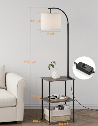 Image of PARTPHONER Floor Lamp with Table, Night Stand with Lamp, Narrow Side Table with 3CCT LED Bulb, Small Coffee Table, Modern End Table with Storage Shelves for Living Room Bedroom, Oak Gray