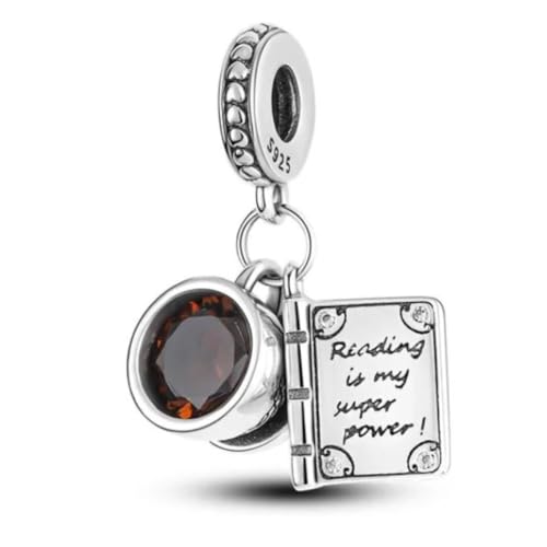Charm de plata 925 de café y libro compatible con pulseras Pandora en caja de regalo