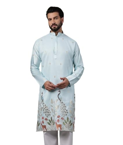 Image of SOJANYA (Since 1958 Men's Cotton Silk Flora & Fauna Embroidered Long Kurta