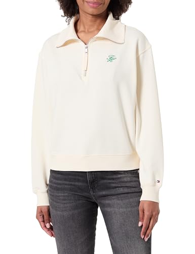 Tommy Hilfiger Women's TH SCRIPT HALF ZIP TERRY SWTSHRT WW0WW49470 Half Zip Sweatshirt, BEIGE (Calico), S