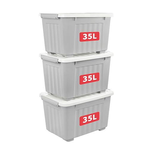 Cetomo 35L*3 Cajas de Almacenamiento con Tapas, Contenedores de Plástico con Ruedas, Clip On, Apilables, Encajables, Organizador Rayado para Oficina en Casa, Gris, 35L-3 Pack