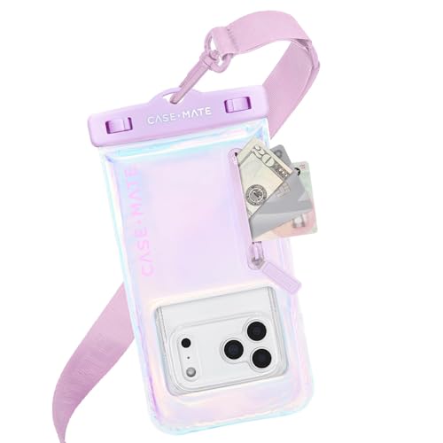 Image of Case-Mate Soap Bubble IP68 Large Waterproof Phone Pouch - Iridescent | Zip Pocket for 3 Cards & Cash - Floating Mobile Cover w /Crossbody Lanyard -Fits All Phones- Travel Accessory for Beach & More