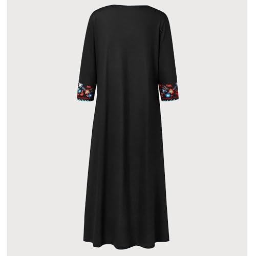 Akivide Fall Mexican Dress for Women,3/4 Sleeve V Neck Floral Embroidered Print Maxi Dresses with 2 Pockets3