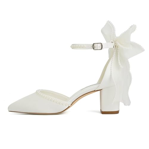 Block Heel Wedding Shoes for Bride Closed Toe Wedding Heels with Bow Pearl Bridal Shoes3