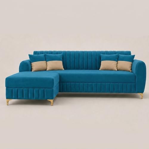 Image of CASASTYLE Signature Velour 4-Seater L-Shape Sofa Set with Movable Ottoman | Flexible LHS /RHS Layout | Boston Matte Fabric | 40D Foam + Zigzag Spring | 3-Yr Warranty (Ocean Blue)